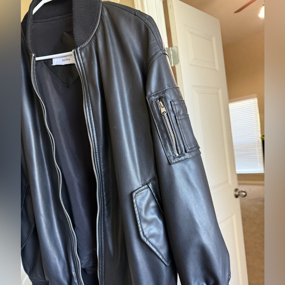 Bershka Black Leather Bomber Jacket - Picture 2 of 7